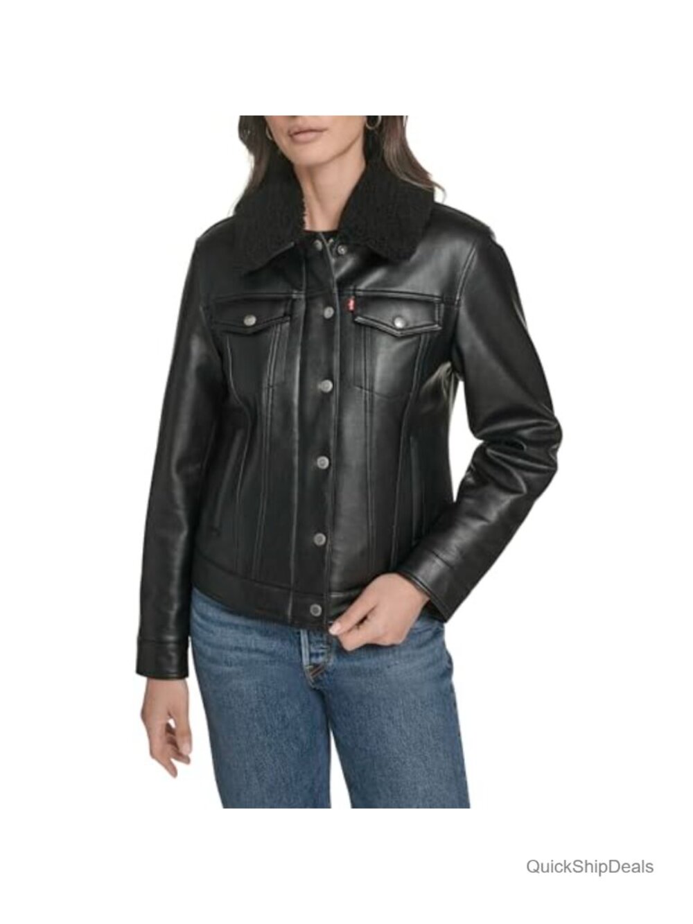 Sherpa Lined Faux Leather Trucker Jacket Long Sleeve